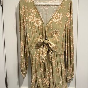 Kivari Olive Green Floral Mini Dress with Cream & Tan Flowers